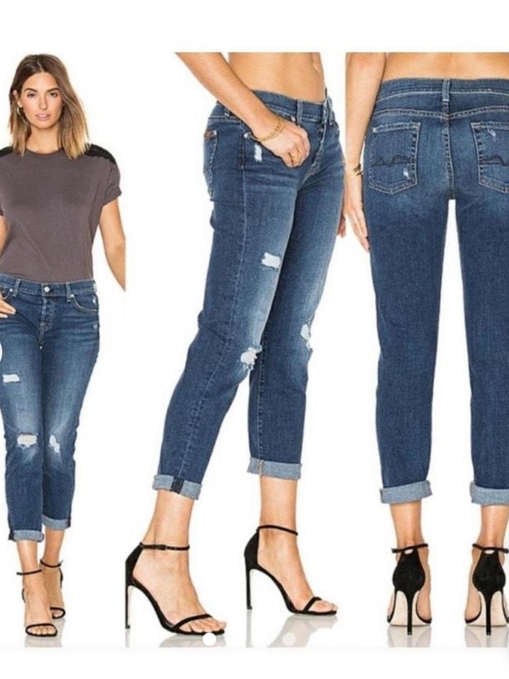7 For All Mankind Women's Skinny Boyfriend Jeans — Dark Blue Distressed